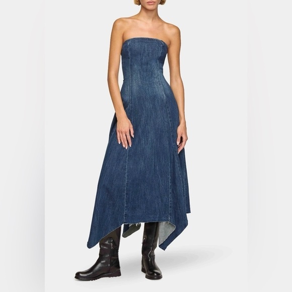 EB Denim Eliana NWT Denim Jean Jaggered Hem Flowy Strapless Fit & Flare Dress - Picture 2 of 4